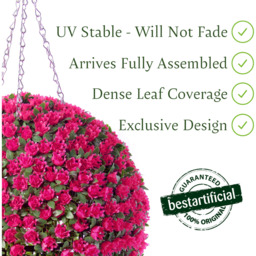 Best Artificial 28cm Pink Rose Hanging Basket Flower Topiary Ball - Pink - thumbnail 2