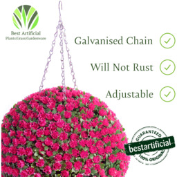 Best Artificial 28cm Pink Rose Hanging Basket Flower Topiary Ball - Pink - thumbnail 3