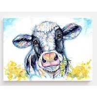Watercolor Canvas Print of Frisian Cow Enjoying Buttercups - Black / 20 x 30 in