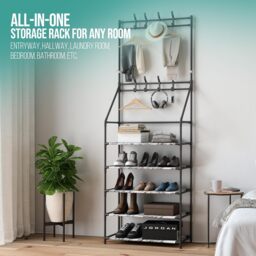 Coat Stand with Shoe Storage Shelves and 8 Hooks - White / 5 - thumbnail 5