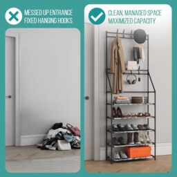 Coat Stand with Shoe Storage Shelves and 8 Hooks - White / 5 - thumbnail 3