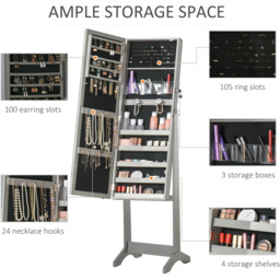HOMCOM Jewellery Cabinet LED Mirror Lockable - Grey - thumbnail 4