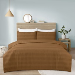 Waffle Stripe Duvet Cover Set Soft Polycotton Blend - Tan - Tan / Superking - thumbnail 2