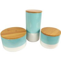 Set of Three Canisters Aqua Green Ceramic Storage Jars with Lids - White