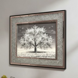Blossom Tree 3D Glitter Liquid Wall Art Crushed Diamond Crystal Framed Deco 45Cm - SILVER - thumbnail 3