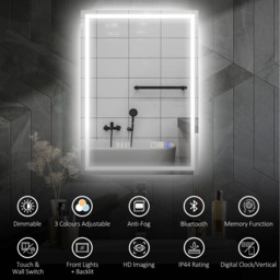 HOMCOM Bathroom Mirror with Bluetooth Lights Demister Pad - Silver with Clock - thumbnail 4