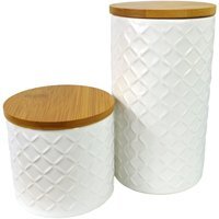 Set of Two Ceramic Jars Embossed Cream Canisters with Lids - Light Cream
