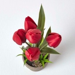 Homescapes Dark Red Artificial Tulips Grey Decorative Stone Pot, 27 cm - Red - thumbnail 3