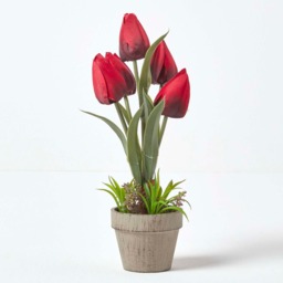 Homescapes Dark Red Artificial Tulips Grey Decorative Stone Pot, 27 cm - Red - thumbnail 2