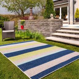 Textured Striped Weatherproof Outdoor Garden Rug - Navy Blue / 290 x 200cm - thumbnail 2