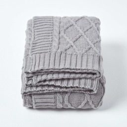 Homescapes Grey Diamond Cable Knit Cotton Throw - Grey - thumbnail 3