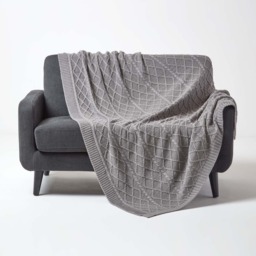 Homescapes Grey Diamond Cable Knit Cotton Throw - Grey - thumbnail 2