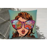 Woman With Sunglasses. Fast Food And Sweets In The Reflection Cushion - Green / 60cm - image 1