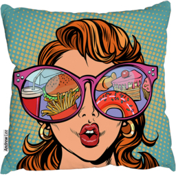 Woman With Sunglasses. Fast Food And Sweets In The Reflection Cushion - Green / 60cm - thumbnail 2