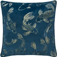 Koi Pond Embroidered Velvet Cushion - Navy / 80 Feather 20 Polyester