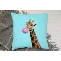 Concept Giraffe With Bubble Gum On Color Background Cushion - Blue / 60 - thumbnail 1