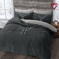 Stag Head Charcoal Teddy Soft Cosy Fleece Duvet Set - Charcoal / Single