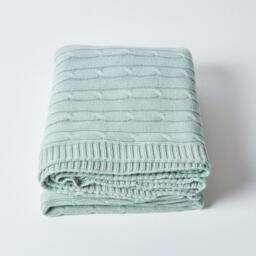 Homescapes Cotton Cable Knit Throw - Duck Egg Blue / 170cm - thumbnail 2