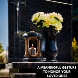 Memorial Lantern with Cross - Round Granite Tribute Lantern - Black & Brown - thumbnail 5