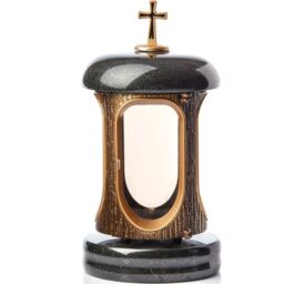 Memorial Lantern with Cross - Round Granite Tribute Lantern - Black & Brown - thumbnail 2