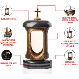 Memorial Lantern with Cross - Round Granite Tribute Lantern - Black & Brown - thumbnail 3
