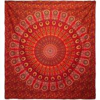 Double Cotton Bedspread  Wall Hanging - Peacock Mandala in Red - Red