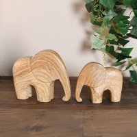 Set of 2 Wood Effect Elephant Ornaments - Natural - image 1