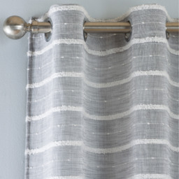 Pair of Eyelet Header Sheer Linen-Look Voile Panels with Chenille Stripe Design - Grey / 183cm - thumbnail 4