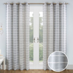 Pair of Eyelet Header Sheer Linen-Look Voile Panels with Chenille Stripe Design - Grey / 183cm - thumbnail 5