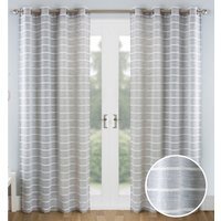 Pair of Eyelet Header Sheer Linen-Look Voile Panels with Chenille Stripe Design - Grey / 183cm - thumbnail 1