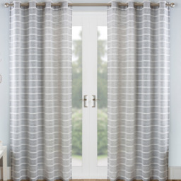 Pair of Eyelet Header Sheer Linen-Look Voile Panels with Chenille Stripe Design - Grey / 183cm - thumbnail 2