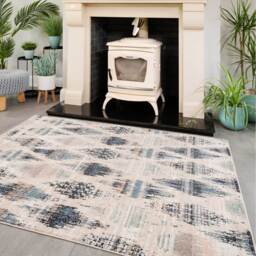 Beige Navy Blue Distressed Diamond Trellis Living Area Rug - Multicolour / 150 x 80cm - thumbnail 2