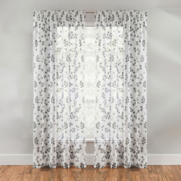 Pair of Slot Top Sheer Linen Look Voile Curtain Panels with Floral Print - Black / 229cm - thumbnail 2