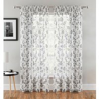 Pair of Slot Top Sheer Linen Look Voile Curtain Panels with Floral Print - Black / 229cm - thumbnail 1
