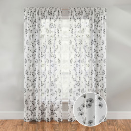 Pair of Slot Top Sheer Linen Look Voile Curtain Panels with Floral Print - Black / 229cm - thumbnail 4
