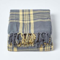 Grey and Yellow Tartan Check Sofa and Bed Throw - Yellow and Grey / 225 x 255 cm - thumbnail 4