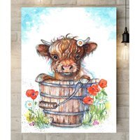 Highland Cow Watercolour Canvas - Brown / 24 x 16 in