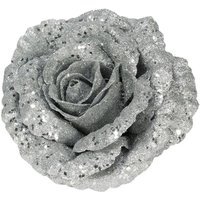 Artificial Glitter Rose Head With Clip - Silver