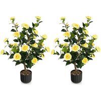 2 Pack Artificial Camellia Tree Faux Flower Plant - Yellow - image 1