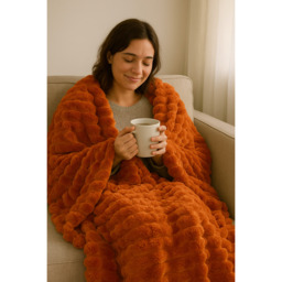 Rabbit Faux Fur Blanket Throw - Burnt Orange - thumbnail 3