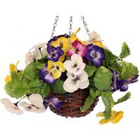 Artificial Garden Hanging Wicker Basket with Multicoloured Pansy Flowers - Green