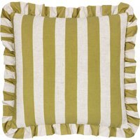 Linen Stripe Printed Ruffle Cushion - Linen/Olive / Polyester