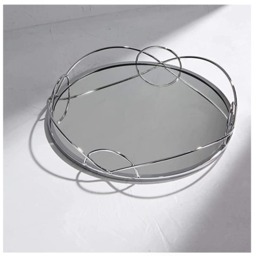 Mirrored Tray Crafted With Glass And Metal Decorative Round - SILVER - thumbnail 2