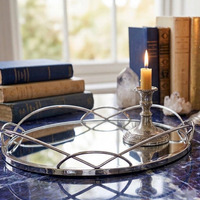 Mirrored Tray Crafted With Glass And Metal Decorative Round - SILVER