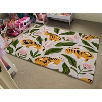Cute Tigers And Tropical Leaves And Flowers Designer Rug - Yellow / 200cm - thumbnail 1