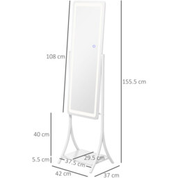 HOMCOM Full Length Mirror with LED, Dimmable Floor Mirror with Storage Shelf - White - thumbnail 2