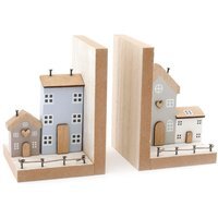 Wooden Houses Bookend Set - Neutral