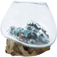 Molten Glass on Wood Bowl Handmade Recycled Bali Art Decor - Turquoise - thumbnail 1