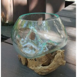 Molten Glass on Wood Bowl Handmade Recycled Bali Art Decor - Turquoise - thumbnail 2