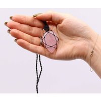 Laced Rose Quartz Teardrop Pendant, Handcrafted Jewelry - Pink - thumbnail 1